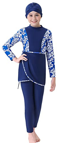 IMEKIS Kid Girls Muslim Swimwear Modest Swimsuits Islamic Burkini Outfit Long Sleeve Swim Top Pants Hijab 3pcs Tankinis Swimming Costume Summer Beachwear Bathing Suit Dark Blue-Flower 7-8 Years