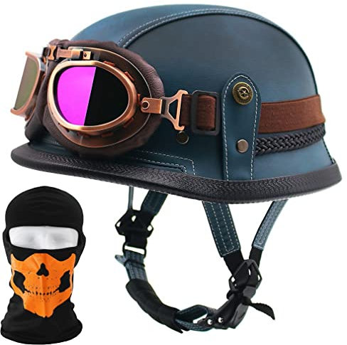 Casco da Moto Mezzo Casco con Cappuccio Testa, Retro PU Mezzo Guscio Casco, DOT/ECE Approvato Casco Stile Tedesco Vintage per Uomini Donne (M ~ XXL)