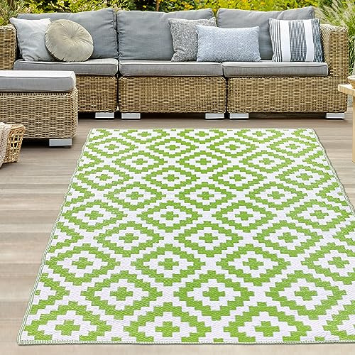 Teppich-Traum Outdoor Teppich Außenteppich Camping Garten wetterfest Kunststoff wasserfest strapazierfähig pflegeleicht Picknick große Rauten grün-weiß 150 x 220 cm