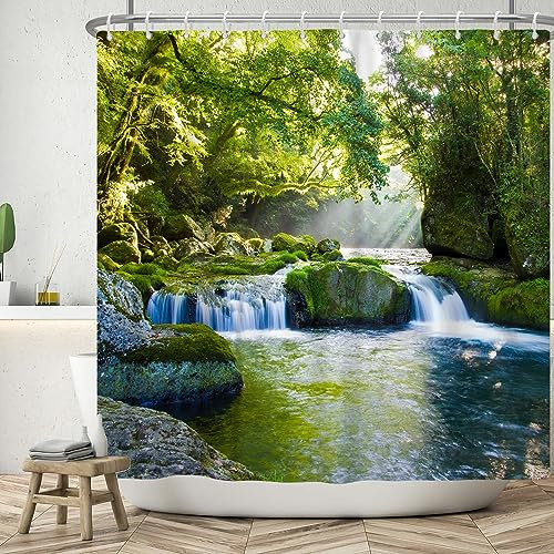 ASDCXZ Landschaftlich Duschvorhang 120x200 cm, Anmutig Naturlandschaft Grün Dschungel Gebirgsbach Bad Waschbar Duschvorhänge Polyester Textil Wasserdicht Badevorhang für Badewanne mit 8 Haken