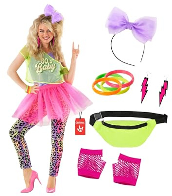 Morph 80er Jahre Damenkostüm Neon – Party Outfit für Karneval, Fasching, Halloween, 80s Verkleidung Neonfarben – Größe M
