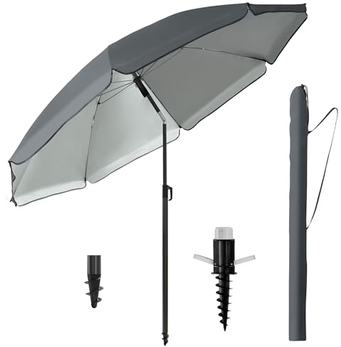 Menz Sonnenschirm Strand Ø 180 cm mit Bodenhülse 3-in-1 SET, Anthrazit | Sonnenschutz Strand, UPF 50+ Strandschirm + stabile Sonnenschirm Bodenhülse + robuste Sonnenschirmhülle