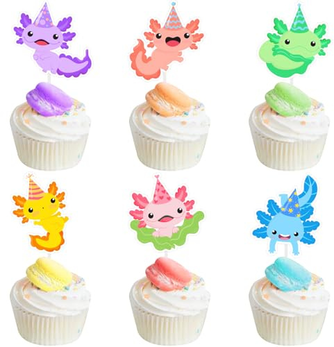 Fangleland Axolotl Cupcake-Topper, Geburtstagsdekorationen für Jungen und Mädchen, Cartoon-Tiere, Axolotl-Thema, Kuchendekoration, Picks, Babyparty, Gender Reveal, Partyzubehör, 36 Stück