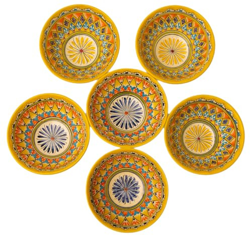 PODARI 6 Keramikschalen 750 ml Kosa Ø 17,5 cm Gelb Muster - Traditionelle Usbekische Keramikschüsseln mit handbemaltem Design | Salatschüsseln | Schale Bunt Keramik (Gelb Muster)