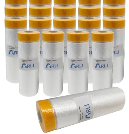 ARLI Goldband Masker 2700 mm x 16 m Abdeckfolie mit Klebeband Malerfolie Baufolie transparent HDPE Folie mit Washi Tape für Abdeckarbeiten im Innen- und Außenbereich (20 Stück/Rollen)