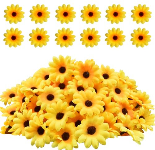 MARRTEUM Künstliche Gerbera-Gänseblümchen aus Seide, 3,8 cm, Stoff, künstliche Chrysanthemen-Blumen, Blumenköpfe für Hochzeit, Party, Zuhause, Stranddekoration und Bastelarbeiten, Gelb, 120 Stück