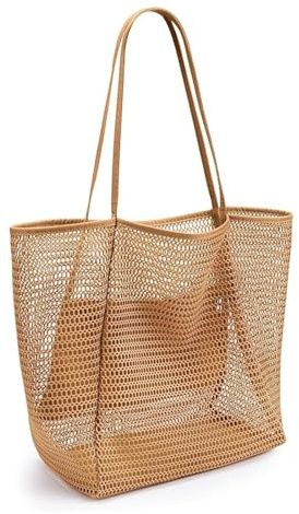SSKHE Mesh Tote Bag, Beach Bag for Women with Zip Pocket, Extra Large Tote Bags, Shoulder Bag Summer Beach Bags Reusable Foldable Shopping Bag for Picnic Holiday Pool Gym Travel Grocery (Khaki)