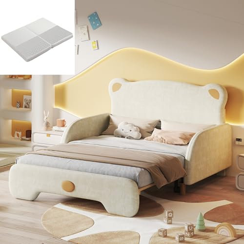 Soweiz Doppelbett in Bärenform, Polsterbett, Kinderbett, Tagesbett, Ausziehbett, mit weichen Schutzkanten, mit Holzlatten, Samt, Beige (140x110cm&140x200cm) (Beige (Mit weißer Matratze))