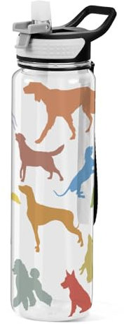 Mnsruu Transparente Sport-Wasserflasche mit Strohhalm, auslaufsichere Trinkflasche, bunte verschiedene Rassen, Hunde, Fahrradflaschen für Sport, Büro, Schule, BPA-freier Tritan-Kunststoff, 1 Liter