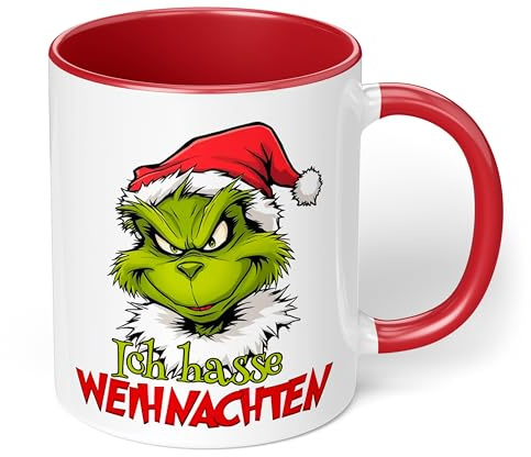 True Statements Lustige Grinch Tasse „Ich hasse Weihnachten“ – witzige Grinch Figur Geschenkidee für Weihnachten - lustige Kaffeetasse - Keramik, ca. 330ml, Rot