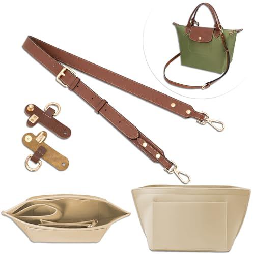 4 pcs PU Leather Bag Strap Conversion Kit and Felt Bag Organizer, CNYMANY Small Bag Shoulder Strap Replacement Set and Felt Purse Insert Organizer Compatible with Longchamp Small Handbag - Brown Gold