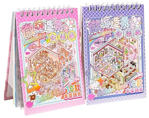 2pack Miniature Scene Sticker Book,Cartoon Scene Stickers,3D Cartoon Scenery Stick Art,Cute Waterproof Stickers,Miniature Simulated Cabin Scene,Cute Scenery Decal