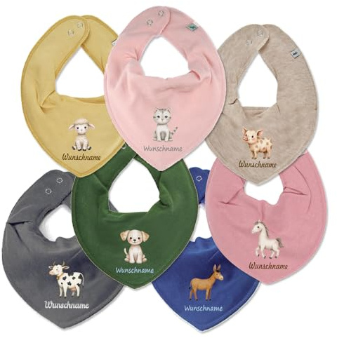 Elefantasie Personalisiertes HALSTUCH für Baby oder Kind aus Baumwolle in Einheitsgröße mit Motiv Auswahl Bauernhof Tiere und Wunschname bedruckt