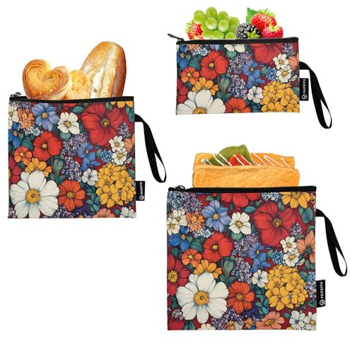 Caihoyu Flowers Lavender Phlox Daffodil Red 3-Pack Reusable Zipper Snack Bags Multi-Use Lunch Tote for Women Girls Trip