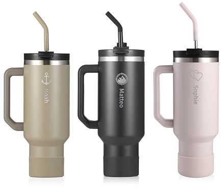 Thermobecher 1180ml mit Namensgravur – Personalisierter 40oz Edelstahlbecher mit Henkel, Deckel & Strohhalm – Hält 10h heiß & 12h kalt, BPA-frei, auslaufsicher (Black + Gravur)