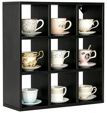 Helsin Vintage-Kaffeetassen-Regal mit 9 Fächern, 40,6 cm, Wandmontage, Holz, Curio-Schattenbox-Regal, Tassen-Schweberegale, Display und Organizer (schwarz)