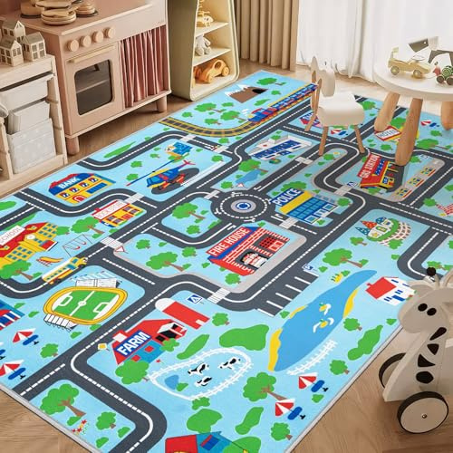 Capslpad Kinderteppich 150x200cm rutschfest Stadtplan Spielteppich Pädagogischer Spielteppich Maschinenwaschbar Kurzer Flor Autoteppich Kinder für Kinderzimmer Schlafzimmer Spielzimme Pastellblau