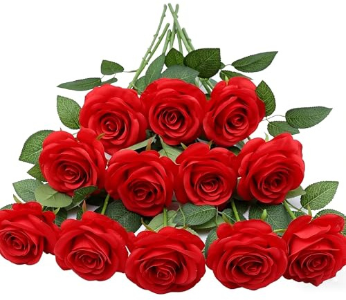 HNVNER 12 Pcs Rosas Artificiales de Seda de Tallo único, Flores Artificiales Realistas para Decoración de Bodas, Aniversario, Decoración del Hogar, Rojo