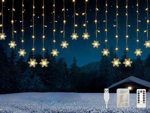 Kuataty Schneeflocken Lichtervorhang 2x1M Lichterkette mit Timer Lichterkettenvorhang Innen mit Batterie/USB, Weihnachtsbeleuchtung Fenster, Lichterketten Vorhang (Warmweiß)