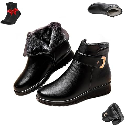 Kirposh Stivali ortopedici da donna in pelle e lana con fibbia in metallo, stivaletti impermeabili antiscivolo con cerniera laterale, scarpe calde con fodera in pelliccia(Black A,37 EU)