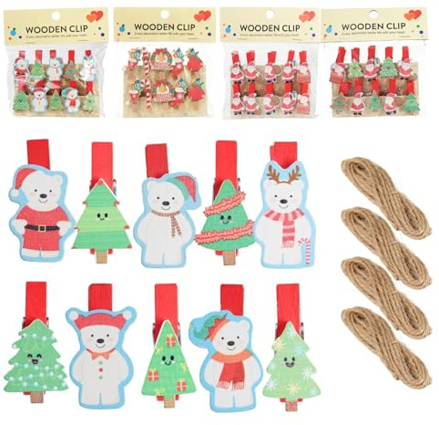 40 Pezzi Natale Addobbi Accessori Wooden Peg Mollette in Legno, mini clip con 10+ motivi festivi diversi, pinzette per foto, cartoline, regali, calendario dell’Avvento, decorazioni natalizie creative