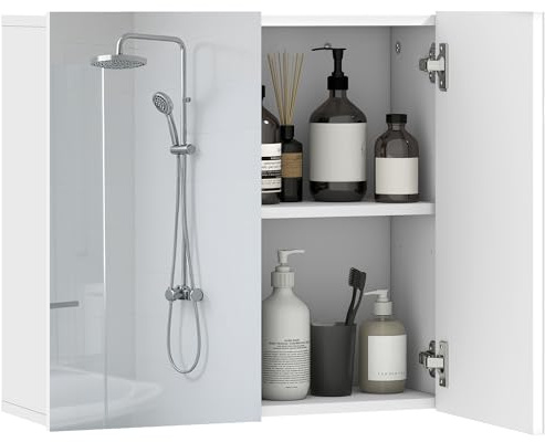 HOMCOM Bathroom Mirror Cabinet, Wall Mounted Bathroom Cabinet with 2 Mirror Doors and Adjustable Shelf, 60 x 20 x 55 cm, White