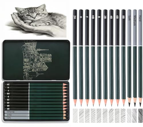 KASAFE Zeichenstifte, Skizzierstifte-Set, 9 Graphit (2H-8B) und 3 Kohlestifte, ungiftiges Kunstzubehör für Künstler, Anfänger, Studenten, zum Zeichnen, Schattieren, Konturieren, Metall-Zinnetui