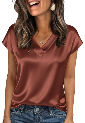 Onsoyours Camicia da Donna Elegante in Raso di Seta Camicetta a Maniche Corte con Scollo a V Blusa Basic Tinta Unita Tops A caffè M