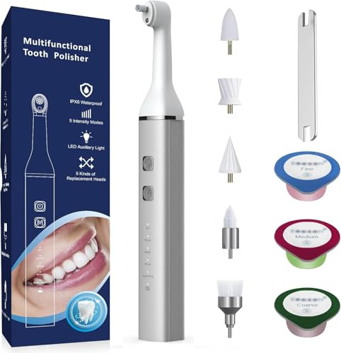Electric Tooth Polisher Kit for Surface Stain Polishing, 5 Speed Modes with 5 Polish Heads & 3 Polishing Pastes, LED Light, Type-C Rechargeable, Home Oral Care Tool