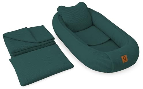 Babynestchen Neugeborene – 5-teiliges Baby Set mit Babynest aus Waffelpique Baumwolle – Nestchen Baby für Babybett & Kinderbett – Babykokon Tragbar – OEKO-TEX – Zubehör Babybett - Flaschenfarbe