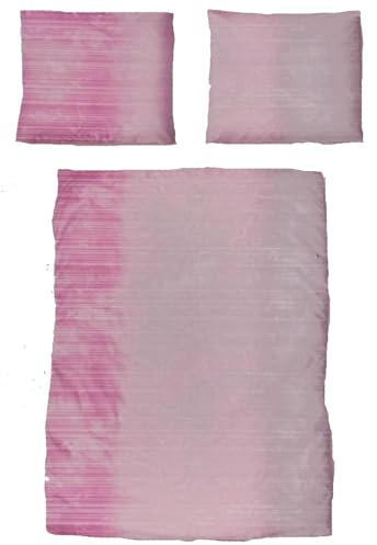 KH-Haushaltshandel Baumwoll Seersucker Bettwäsche, 135 x 200 + 80x80cm, Himbeere weiß grau, gestreift, bügelfrei