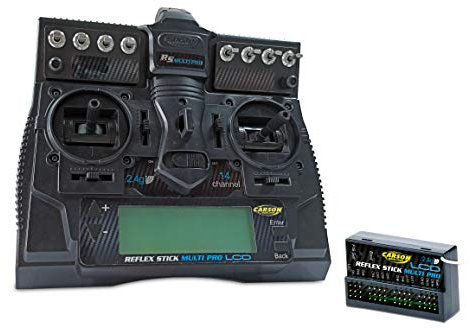 Carson 500501004 FS Reflex Stick Multi PRO LCD 2.4 GHz – 14-Kanal-Fernsteueranlage, Fernbedienung mit Empfänger für Modellbau-Fahrzeuge wie RC Autos und Schiffe