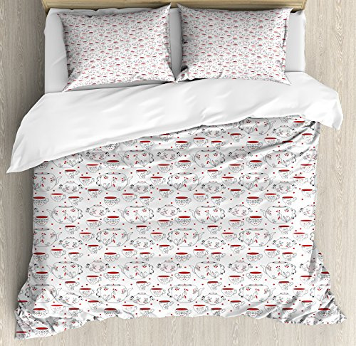 Ambesonne Tea Party Duvet Cover Set, Doodle Style Crockery Illustration of Floral Patterned Kettles and Cups, Decorative 3 Piece Bedding Set with 2 Pillow Shams, Queen Size, Red Black White