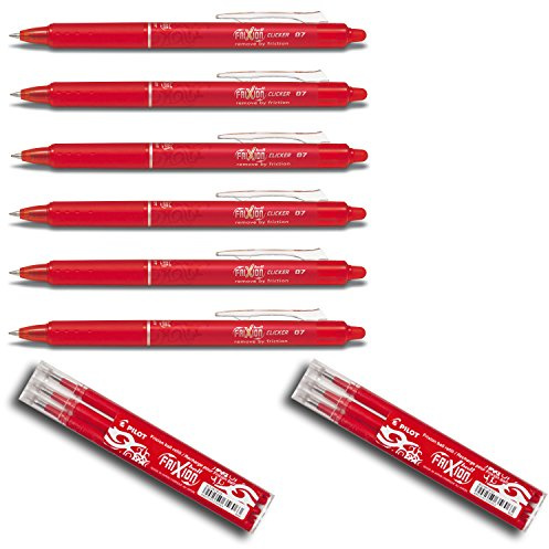 Pilot Frixion Clicker Feiner Tintenroller | versenkbare Spitze | Strichstärke 0,7 mm (medium)(Rot, 6er Pack | Incl. 6 Minen)