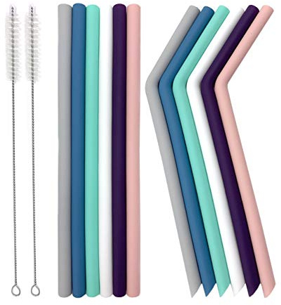 Senneny Set of 12 Silicone Drinking Straws for 30oz and 20oz - Reusable Silicone Straws BPA Free Extra Long with Cleaning Brushes- 6 Straight + 6 Bent- 8mm diameter