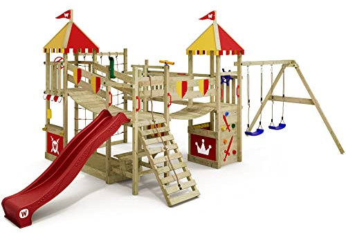 WICKEY Spielturm Ritterburg Smart Queen mit Schaukel, rot-gelber Plane & roter Rutsche, Outdoor Kinder Kletterturm mit Sandkasten, Leiter & Spiel-Zubehör für den Garten