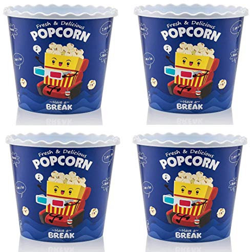 Caja de palomitas de maíz de plástico reutilizable de estilo moderno, para palomitas de maíz, juego de cuencos de palomitas de maíz para la noche de cine – libre de BPA – azul, paquete de 4 – 70 onzas