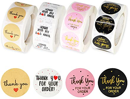 2000 Stück Danke Aufkleber, 4 Muster 2.5CM Aufkleber Dankeschön Rund Danke Sticker Etiketten Thank You Sticker für Backen Geschenktüten Umschlag Verpackung