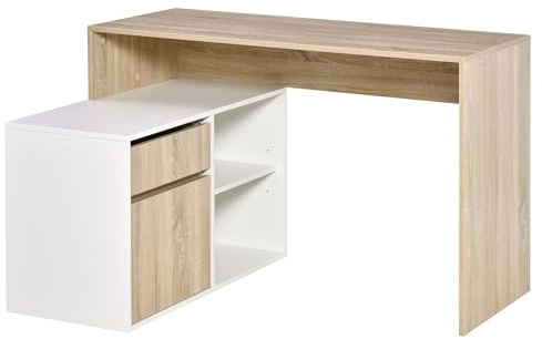 HOMCOM Scrivania Angolare Salvaspazio per Computer in Rovere e Bianco