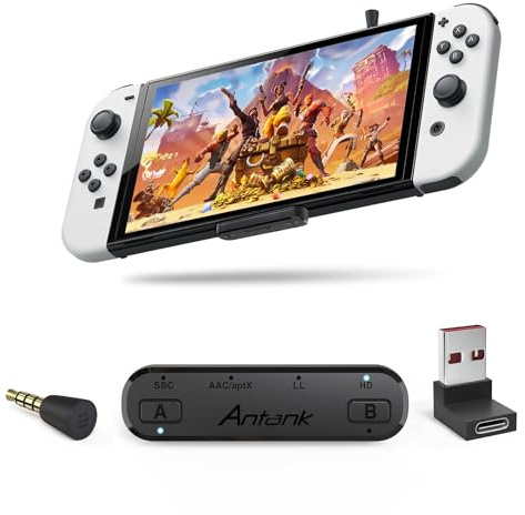 Antank Bluetooth Audio Sender unterstützt aptX-HD aptX Low Latency AAC SBC kompatibel mit Nintendo Switch/Lite/OLED/ PS4/ PS5/ PC Dual Streaming Bluetooth Adapter mit In-Game Sprachmikrofon