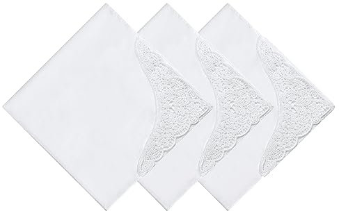 HOULIFE Taschentücher Hochzeit – Kleine Stofftaschentücher Damen, Taschentuch Hochzeit aus Gekämmte Baumwolle Weich Weiße Blumen Stickereien mit Spitzen, 35x35cm (Weiß 3, 3 Stücke)