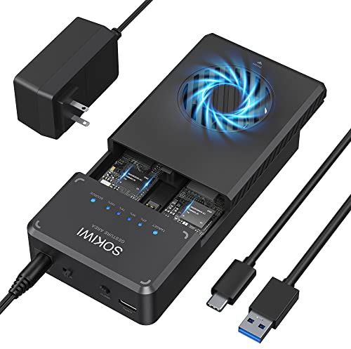 Sokiwi 10Gbps USB 3.2 NVMe M.2 SSD Enclosure Duplicator | With cooling fan and dual-bay, m.2 ssd cloner for tool-free offline clone supports 2230/2242/2260/2280 SSDs
