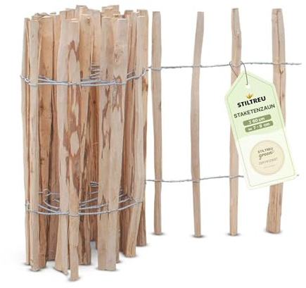 STILTREU Staketenzaun Haselnuss Höhe 60 cm, Länge 5 Meter, Lattenabstand 7-9 cm