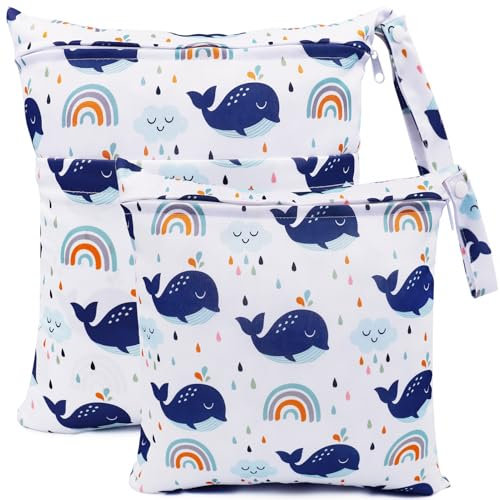 FenFang Wetbag Kindergarten, 2 Stück Nasstaschen Windeltasche Stoffwindeln Nassbeutel Organiser Beutel Wickeltasche Taschen Wasserdicht Wiederverwendbar (Weißer Wal)
