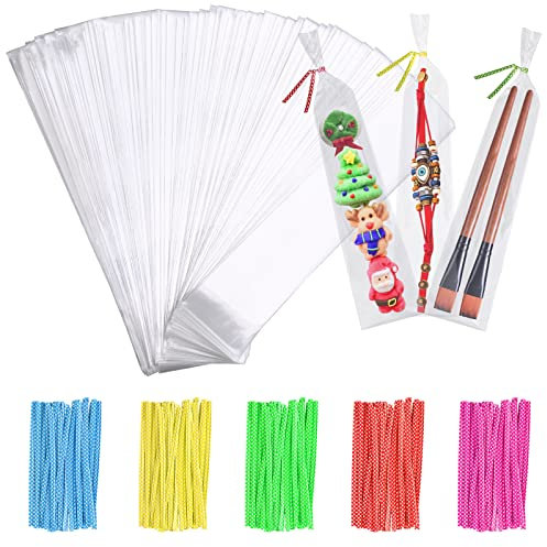 Faburo 200 Cellophantüten Klar 25 x 5 cm Zellophantüten Tütchen Transparent Kleine Tüten für Süßigkeiten Zellophanbeutel mit 200 Twist Bindungen OPP Geschenktüten Durchsichtig für Kindergeburtstage