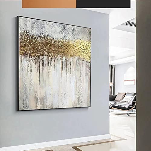 Großes Wandbild Luxus Gold Abstrakte Kunst Poster Drucken Ölgemälde Auf Leinwand Minimalistische Malerei für Wohnzimmer Dekor 90x90cm/35x35inch Schwarzer Rahmen