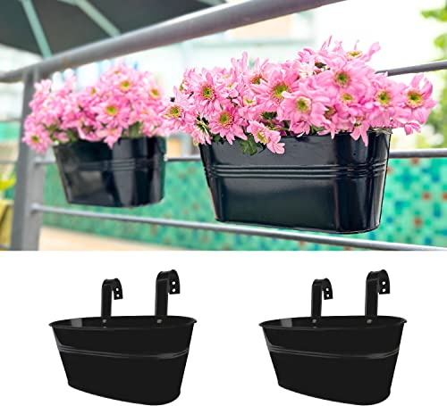LaLaGreen Rail Planter Outdoor Plants (2 Pack, 9.8 Inch) Small and Cute Metal Iron Hanging Flower Pots Deck Railings Black Fence Bucket, Boho Style Wall Mount Window Box Plant Holder Hooks Porch Decor