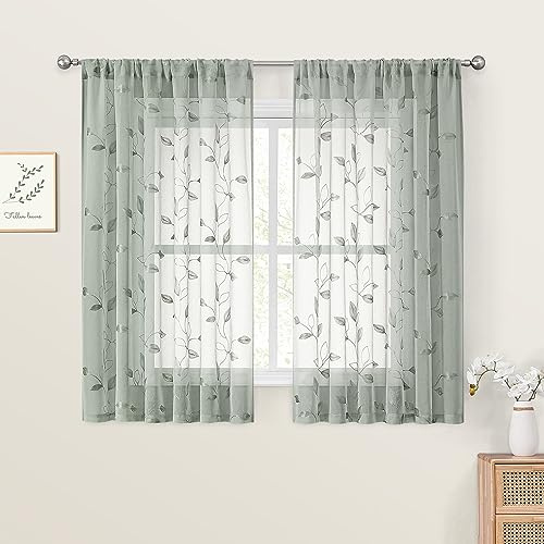 HOMEIDEAS Sage Green Sheer Curtains 52 x 54 Inch Length 2 Panels Embroidered Leaf Pattern Short Curtains for Bedroom Half Small Window Rod Pocket Kitchen