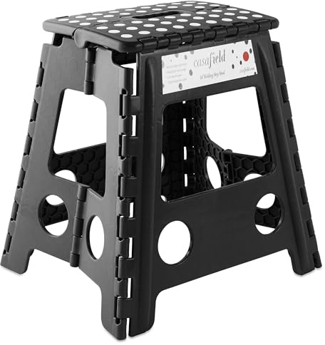 Casafield Sgabello pieghevole con manico, 40,6 cm, nero, portatile, pieghevole, in plastica, per adulti, da utilizzare in cucina, bagno e camera da letto