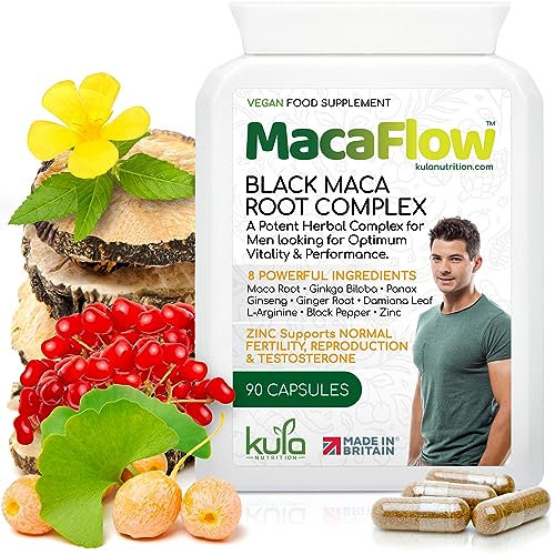 MacaFlow – Black Maca Root Complex for Men - Ginkgo Biloba, Panax Ginseng, L-Arginine, Damiana Leaf Extract, Black Pepper and Zinc for Normal Fertility - 90 Vegan Capsules (Not Tablets)